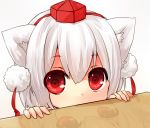  animal_ears bad_reflection covered_mouth face hands hat inubashiri_momiji peeking peeking_out pom_pom_(clothes) pom_pom_(clothing) red_eyes reflection sad_fuka short_hair silver_hair simple_background solo table tassel tokin_hat touhou white_background wolf_ears 