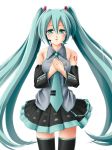  aqua_eyes aqua_hair detached_sleeves hand_on_own_chest hands_on_own_chest hatsune_miku headset long_hair necktie road_(artist) simple_background skirt solo thigh-highs thighhighs twintails very_long_hair vocaloid white_background 