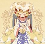  blonde_hair blush chair character_doll closed_eyes eyes_closed fox_tail hat multiple_tails needle sewing sitting smile solo stuffed_toy tail takahero thread touhou yakumo_ran 