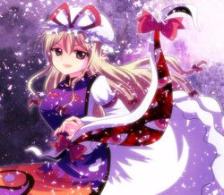  ara_(sora-ageha) blonde_hair bow dress gap hair_bow long_hair open_mouth purple_eyes smile solo touhou violet_eyes yakumo_yukari 