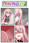  4koma blood blue_eyes catstudio_(artist) comic hairband highres long_hair megurine_luka midriff navel pink_hair shocked_eyes skirt sleeveless sleeveless_shirt solo thai translated translation_request vocaloid 