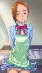  apron arms_behind_back bow bowtie brown_hair classroom curtains girl_with_brown_short_hair_(suite_precure) haruyama indoors light_smile looking_at_viewer panties pantyshot pantyshot_(standing) precure school_uniform short_hair skirt skirt_lift solo suite_precure underwear wind_lift 