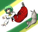  animal_ears ascot bangs cat cat_ears cat_tail dress_shirt flying green_hair hitsuji_bako kazami_yuuka open_mouth outstretched_arm outstretched_hand plaid plaid_skirt plaid_vest red_eyes shirt short_hair skirt skirt_set smile solo tail touhou vest wavy_hair youkai 