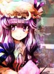  bangs blunt_bangs blush book bust close-up crescent dress face hair_ribbon hat highres ikmg long_hair patchouli_knowledge purple_eyes purple_hair ribbon smile solo striped striped_dress touhou violet_eyes 