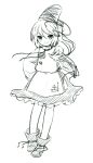  clariate hand_on_hip hat hips japanese_clothes kariginu looking_at_viewer monochrome mononobe_no_futo outstretched_arm ponytail smile soga_no_tojiko solo tate_eboshi touhou 