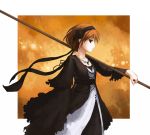  brown_hair carrying dress frills hair_ribbon jewelry necklace original pole polearm ribbon short_hair shoulder_carry solo toufu_(beancurd_cake) weapon 