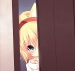  1girl alice_margatroid animal_ears blonde_hair blue_eyes blush cat_ears hairband kemonomimi_mode peeking peeking_out sen&#039;yuu_yuuji short_hair solo touhou 