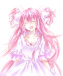  :d ^_^ absurdres bow closed_eyes dress eyes_closed goddess_madoka hair_bow highres jun2onod kaname_madoka long_hair magical_girl mahou_shoujo_madoka_magica open_mouth pink pink_hair short_twintails smile solo twintails two_side_up ultimate_madoka 