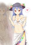 adapted_costume bare_legs bikini blue_hair blush breasts cleavage collarbone food front-tie_top fruit hat heart highres hinanawi_tenshi knot kutata long_hair mound_of_venus navel no_panties off_shoulder peach red_eyes reflection sarong see-through shirt_pull smile solo spoken_heart strap_slip swimsuit tied_shirt touhou untied