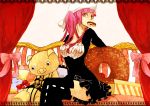  1girl bleach boots breasts couch crandom curtains dokugamine_riruka doll doughnut hat long_hair mouth_hold pig pink_eyes pink_hair solo stuffed_animal stuffed_pig stuffed_toy thigh-highs thigh_boots thighhighs twintails 
