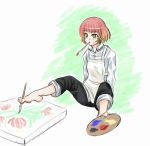  amputee apron barefoot between_toes feet green_eyes katawa_shoujo kekekeke mouth_hold paintbrush painting painting_(object) palette pants_rolled_up prehensile_toes red_hair redhead short_hair sketch solo tezuka_rin 