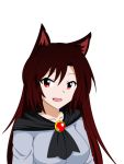  1girl animal_ears brooch brown_hair dress fang highres imaizumi_kagerou jewelry long_hair open_mouth red_eyes solo touhou white_background wolf_ears 