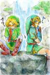  blonde_hair blue_eyes link music musical_instrument musical_note nature nintendo ocarina ocarina_of_time sitting the_legend_of_zelda twilight_princess waterfall 