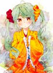  blush green_hair hatsune_miku long_hair orange_eyes scrunchie sleeves_past_wrists solo twintails vocaloid 