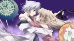  1girl artist_request blonde_hair character_request eye_contact flower highres hug kannazuki_no_miko lace lily_(flower) long_hair looking_at_another miko_embrace pandora_hearts parody sharon_rainsworth short_hair silver_hair xerxes_break 