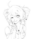  asaki_(bluemoonstone) drill_hair headphones kasane_teto lineart monochrome smile solo utau vocaloid wink 