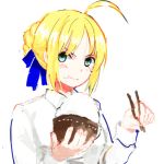  :t ahoge bad_id blonde_hair bowl chopsticks eating ehee fate/stay_night fate_(series) green_eyes rice saber simple_background solo white_background 