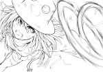  1girl bad_id chakram hat highres hoop lineart monochrome moriya&#039;s_iron_rings moriya_suwako nora_wanko open_mouth solo thigh-highs thighhighs torn_clothes torn_thighhighs touhou 