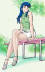  bare_shoulders bench blue_hair breasts brown_eyes crossed_legs fashion high_heels legs legs_crossed long_hair maison_ikkoku otonashi_kyouko pantyhose sandals sheer_legwear shoes sitting skirt smile solo uraharukon white_legwear 