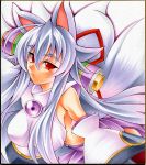  ahoge animal_ears bent_over calnarsa detached_sleeves fox_ears fox_tail izuna_(shinrabanshou) long_hair marker_(medium) millipen_(medium) multiple_tails red_eyes scroll shikishi shinrabanshou silver_hair slit_pupils solo tail traditional_media 