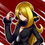  bad_id blonde_hair breasts cleavage hair_ornament hair_over_one_eye holding holding_poke_ball long_hair pako_(moto_paco) poke_ball pokemon pokemon_(game) pokemon_dppt shirona_(pokemon) solo yellow_eyes 