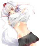  animal_ears aya-0w0 bad_id breasts fang hat inubashiri_momiji midriff navel open_mouth red_eyes shirt shirt_lift short_hair silver_hair skirt solo tail touhou under_boob underboob undressing wolf_ears wolf_tail 