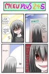  4koma catstudio_(artist) comic crazy_eyes crazy_smile door dress grey_dress grey_eyes grey_hair highres long_hair megurine_luka multiple_girls pink_hair rape_face red_eyes sitting sukone_tei table tears thai translated utau vocaloid window 