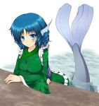 1girl arm_rest blue_eyes blue_hair blush breast_rest breasts desukingu head_fins japanese_clothes kimono looking_at_viewer mermaid monster_girl obi short_hair simple_background smile solo tail tail_raised touhou wakasagihime water white_background
