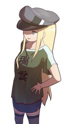  1girl alternate_costume bismarck_(kantai_collection) blonde_hair blue_eyes hand_on_hip hasukawa_isaburou hat kantai_collection long_hair military_hat skirt thigh-highs translation_request 