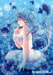  absurdres bikini_top blue blue_background blue_hair blush copyright_request fish green_eyes highres long_hair mermaid monster_girl nishiwaki_yuuri smile solo water 