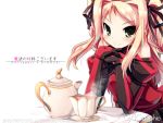  1girl blonde_hair character_request copyright_request drink green_eyes smile tsurugi_hagane wallpaper white_background 