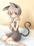  :t animal_ears bare_legs bare_shoulders blush highres mouse_ears mouse_tail naked_towel nazrin nude pout red_eyes short_hair silver_hair simple_background sitting solo tail touhou towel towel_on_shoulders wariza wet_hair yuya_(night_lily) 
