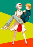  1boy 1girl bare_shoulders blonde_hair blue_eyes blue_jacket bob_cut bomber_jacket carrying cis_(tiger_&amp;_bunny) dress fukusa hairband jacket jeans keith_goodman princess_carry shoes short_hair simple_background smile sneakers tiger_&amp;_bunny white_hair 