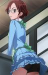  apron brown_eyes brown_hair ceiling classmate_with_glasses_(suite_precure) classroom desk from_behind from_below glasses haruyama looking_back precure school_uniform shorts shorts_under_skirt solo suite_precure 