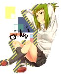  absurdres adjusting_hair ahoge arms_up footwear green_eyes green_hair gumi haru_(oomr005) highres mouth_hold short_hair sititng sitting skirt smile socks solo vocaloid 