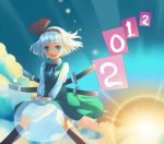  2012 :d bloomers blue_eyes blue_sky cloud dress flower flying footwear hair_ribbon hairband hitodama katana kite konpaku_youmu konpaku_youmu_(ghost) lens_flare mugishima open_mouth ribbon short_hair silver_hair sky smile socks solo sunrise sword touhou vest weapon 