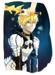  archer_(fate/prototype) armor blonde_hair bracelet fate/prototype fate_(series) green_eyes hair_tussle hand_on_head jewelry male saber_(fate/prototype) short_hair sunday31 sword weapon wince 