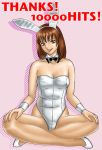  animal_ears bare_shoulders bowtie breasts brown_eyes brown_hair bunny_ears bunnysuit copyright_request hits leotard lips pantyhose sheer_legwear shoes simple_background sitting smile solo thank_you uraharukon 