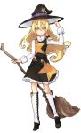  alternate_costume arm_up belt belt_buckle blonde_hair boots bow braid broom chain chains dress_shirt frilled_skirt hat high_heels highres hitsuji_bako kirisame_marisa long_hair pointing ribbon shirt shoes single_braid smile solo star strap touhou vest wavy_hair witch witch_hat yellow_eyes 