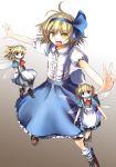  alice_margatroid alice_margatroid_(pc-98) apron ascot blonde_hair blue_dress blue_eyes culter dress hair_ribbon long_hair maid_headdress open_mouth outstretched_arms ribbon shanghai_doll shirt short_hair skirt smile suspenders touhou touhou_(pc-98) wings yellow_eyes 