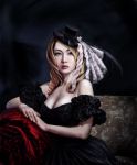  bare_shoulders blonde_hair breasts bust cleavage copyright_request dress feathers frills green_eyes hat highres large_breasts lips long_hair mini_top_hat nagumo_(qmzp10) photorealistic portrait solo top_hat 