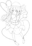  blush dabadhi eyeball from_above hat heart heart_of_string highres komeiji_koishi lineart looking_at_viewer monochrome pigeon-toed pigeon_toed pointing pointing_up short_hair simple_background smile solo thigh-highs thighhighs third_eye touhou 