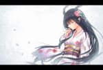  black_hair closed_eyes dragon_girl eyes_closed floral_print flower flowers furisode hair_flower hair_ornament horns japanese_clothes kanzashi kimono letterboxed long_hair new_year obi original petals plum_blossoms pointy_ears second_heaven solo white_background yukata 