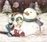  blush earmuffs full_moon green_eyes green_hair long_hair moon original paprika_shikiso pashikiso santa_costume snow snowman solo 