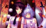  2girls animal_ears autumn brown_eyes brown_hair hat inubashiri_momiji katana leaves necktie sayori shameimaru_aya short_hair sleeping sword tie touhou weapon white_hair wink wolfgirl 