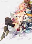  bare_shoulders black_legwear breasts cello cleavage detached_sleeves dress english evers guilty_crown hair_ornament hair_tubes hairclip instrument long_hair looking_at_viewer no_shoes piano pink_eyes pink_hair solo thigh-highs thighhighs white_dress yuzuriha_inori 