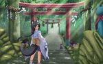  animal animal_ears black_hair blue_eyes cat forest fox_ears fox_tail from_behind highres japanese_clothes long_hair looking_at_viewer looking_back nature original path shrine smile solo statue sunbeam sunlight tail torii vfenster wooden_lantern 