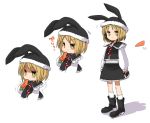  1girl alternate_headwear animal_ears animal_hat blonde_hair boots carrot eating fake_animal_ears harusame_(unmei_no_ikasumi) hat long_sleeves lunasa_prismriver multiple_persona rabbit_ears shirt short_hair simple_background skirt skirt_set socks tears text touhou trembling vest white_background white_legwear yellow_eyes 