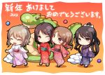  2girls 4girls :&lt; :o black_hair blush_stickers brown_eyes brown_hair chibi chobipero closed_eyes cloud dragon eastern_dragon eyes_closed floral_print hair_ornament hairclip hand_holding highres holding_hands japanese_clothes jewelry kimono long_hair looking_at_viewer multiple_girls new_year obi open_mouth original ponytail red_eyes ring sandals short_hair smile wink 