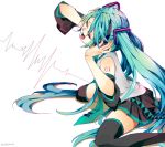  aqua_hair closed_eyes detached_sleeves eyes_closed hands_on_headphones hatsune_miku headphones kotoma listening_to_music long_hair open_mouth simple_background singing sitting skirt solo thigh-highs thighhighs twintails very_long_hair vocaloid zettai_ryouiki 